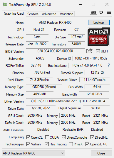 Asus Carte graphique AMD Radeon RX 6400 Dual 4 GB GDDR6-RAM PCIe HDMI™,  DisplayPort
