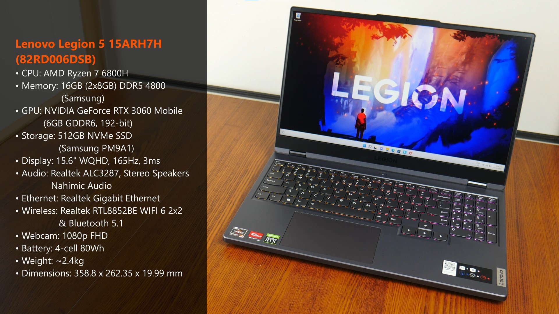 Lenovo Legion 5 Gen 7 15.6 QHD 165Hz (AMD Ryzen 7 6800H, GeForce RTX 3060  6GB 140W, 32GB DDR5 RAM, 1TB SSD, (8-Core Beat i9-11900H)) 4-Zone RGB